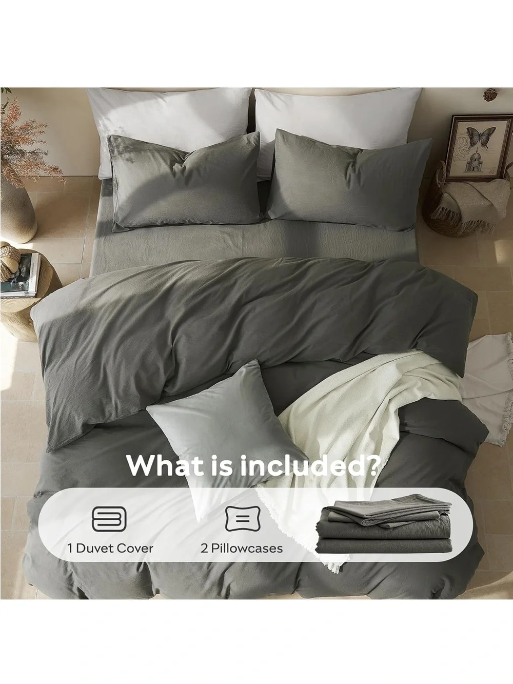 NEW JELLYMONI 100% Washed Cotton Duvet Cover Set, Linen-Like Texture. King.